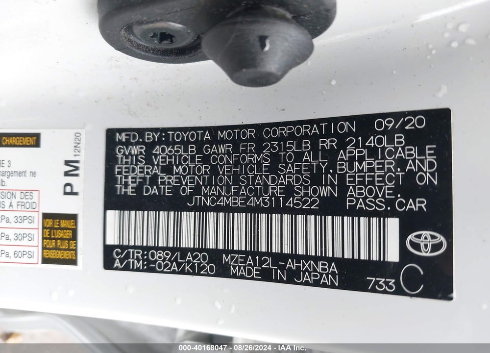 2021 TOYOTA COROLLA XSE VIN: JTNC4MBE4M3114522