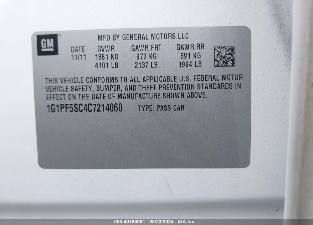 2012 CHEVROLET CRUZE 1LT VIN: 1G1PF5SC4C7214060