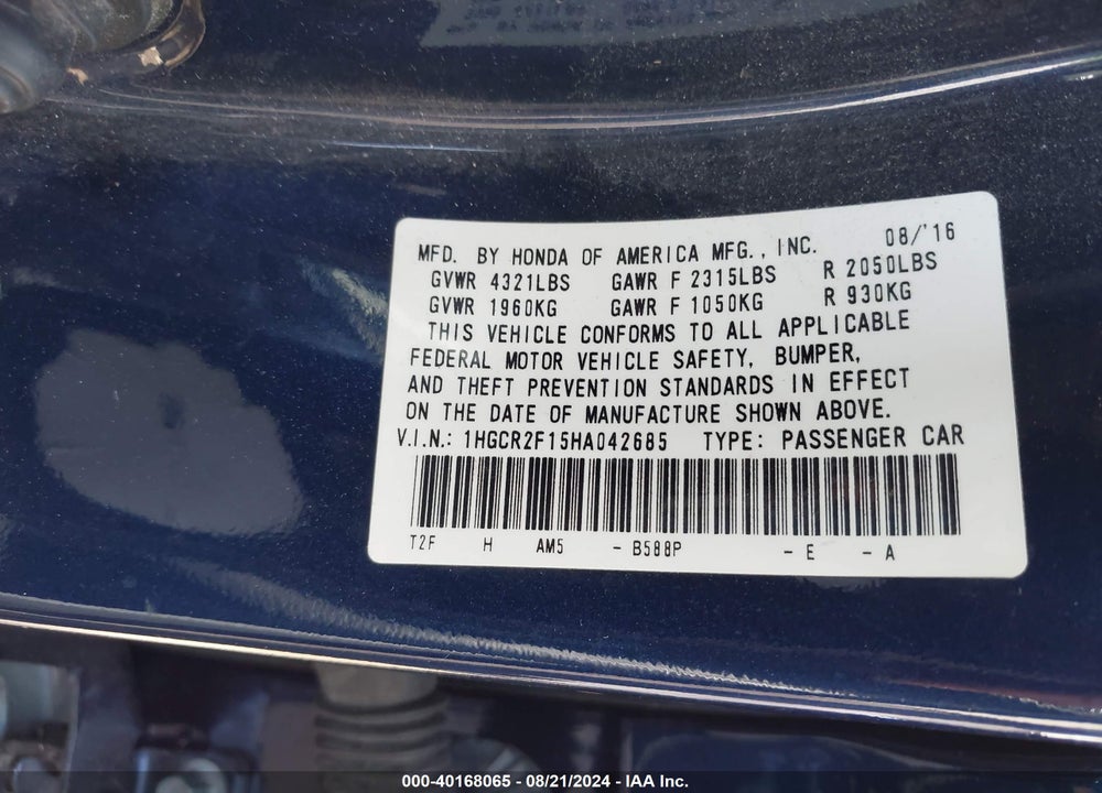 2017 HONDA ACCORD SPORT SE VIN: 1HGCR2F15HA042685