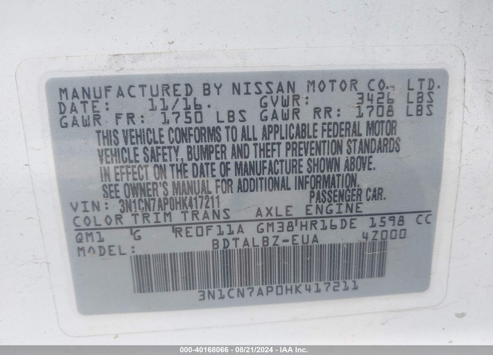 2017 NISSAN VERSA 1.6 SV VIN: 3N1CN7AP0HK417211
