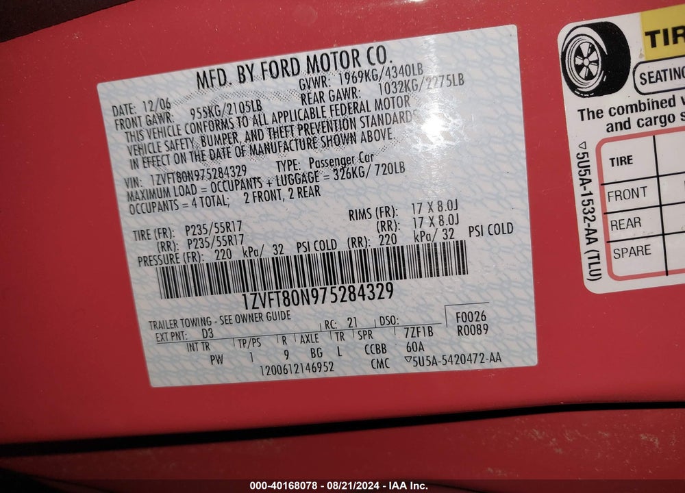 2007 FORD MUSTANG VIN: 1ZVFT80N975284329