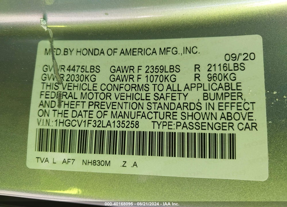 2020 HONDA ACCORD SPORT VIN: 1HGCV1F32LA135258