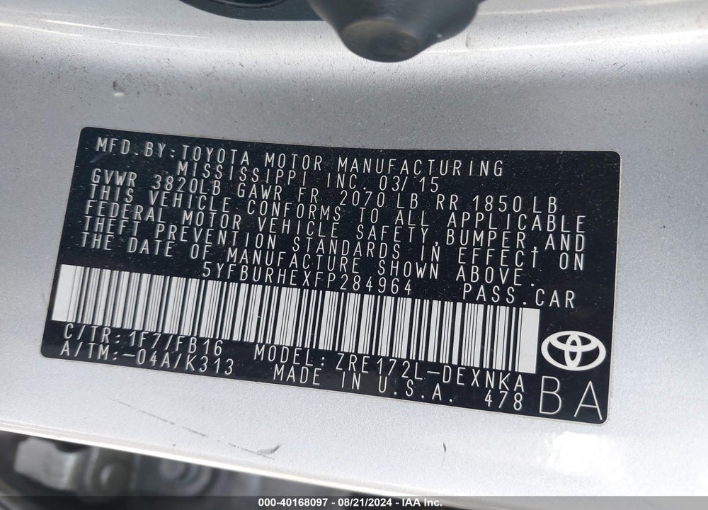 2015 TOYOTA COROLLA LE VIN: 5YFBURHEXFP284964