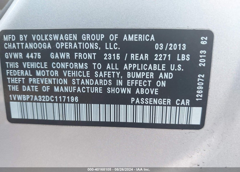 2013 VOLKSWAGEN PASSAT 2.5L SE VIN: 1VWBP7A32DC117196