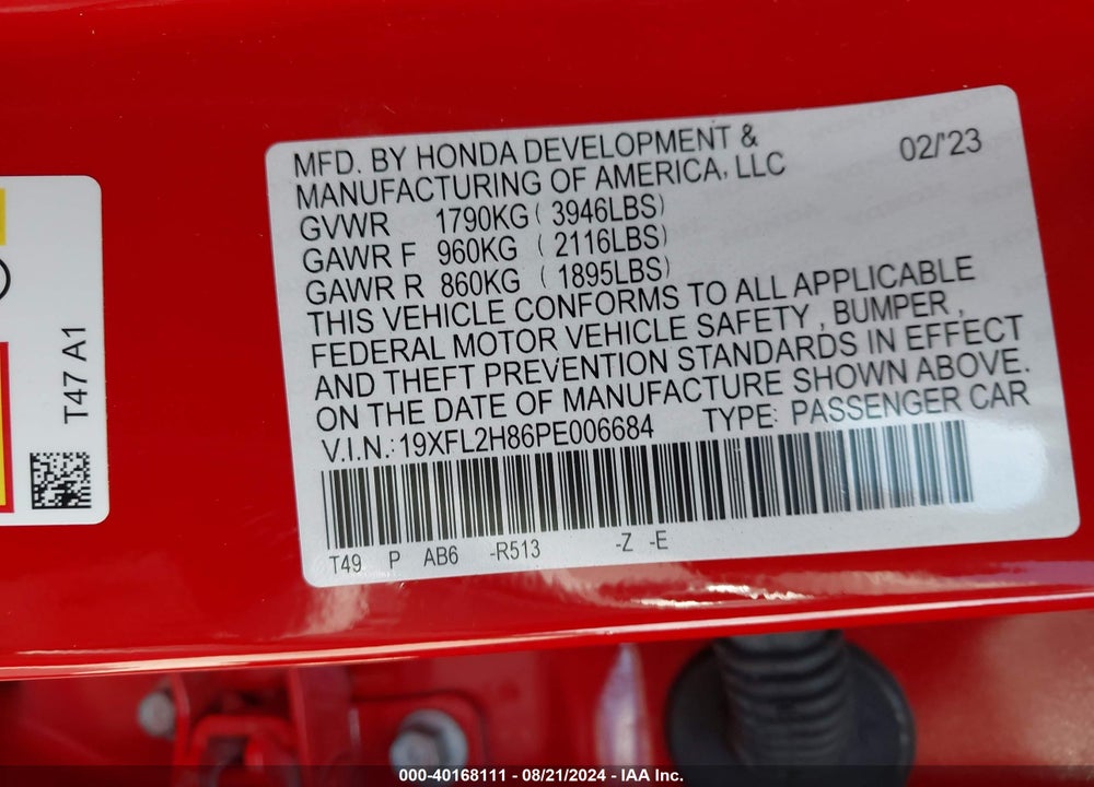2023 HONDA CIVIC SPORT VIN: 19XFL2H86PE006684