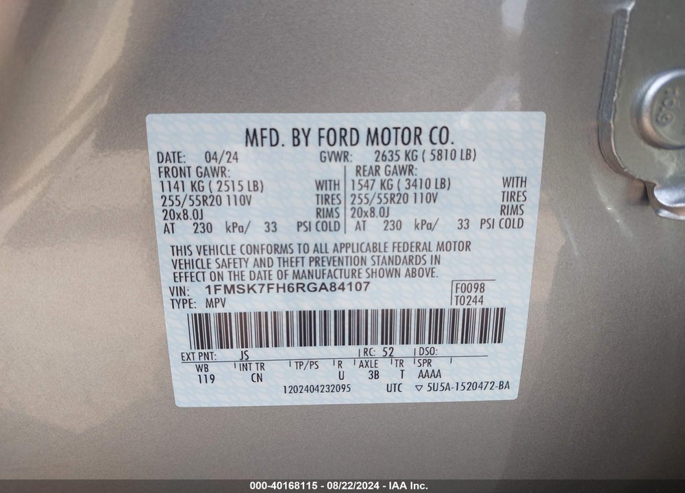 2024 FORD EXPLORER LIMITED VIN: 1FMSK7FH6RGA84107