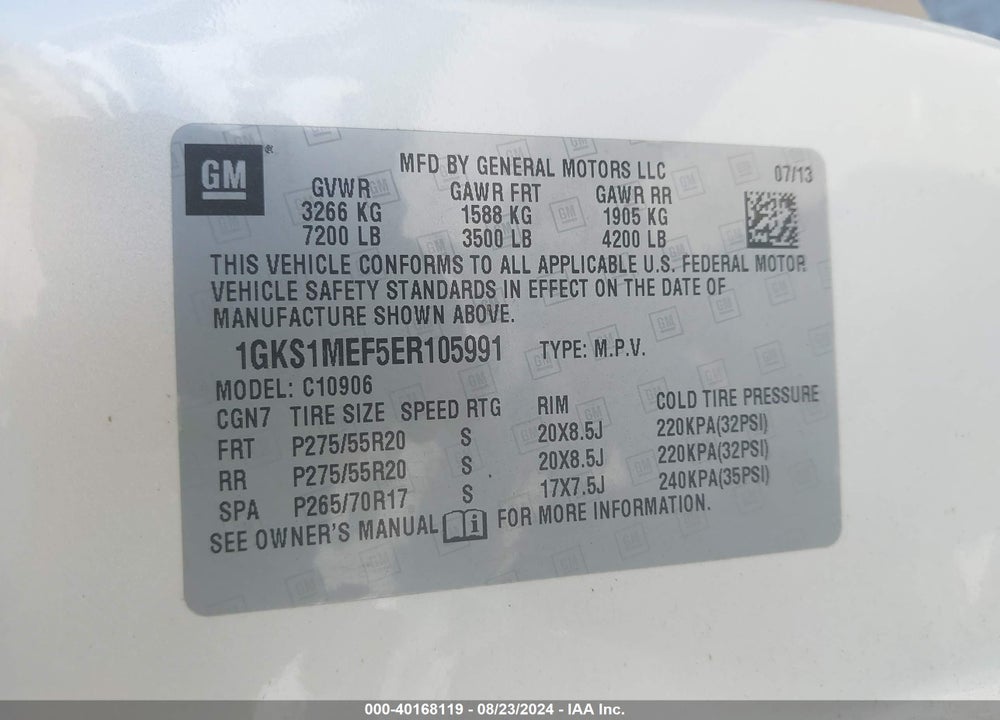 2014 GMC YUKON XL 1500 DENALI VIN: 1GKS1MEF5ER105991