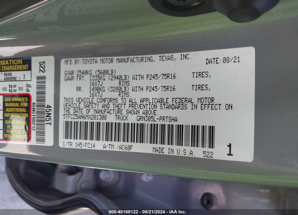 2021 TOYOTA TACOMA SR5 V6 VIN: 5TFCZ5AN6MX281308