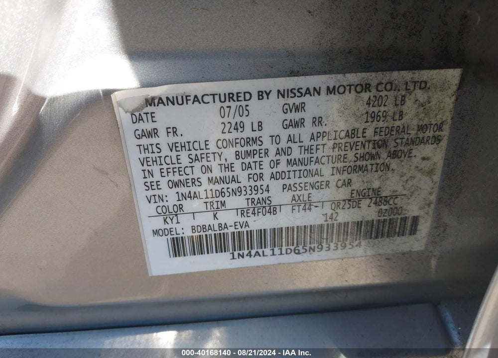 2005 NISSAN ALTIMA 2.5 S VIN: 1N4AL11D65N933954