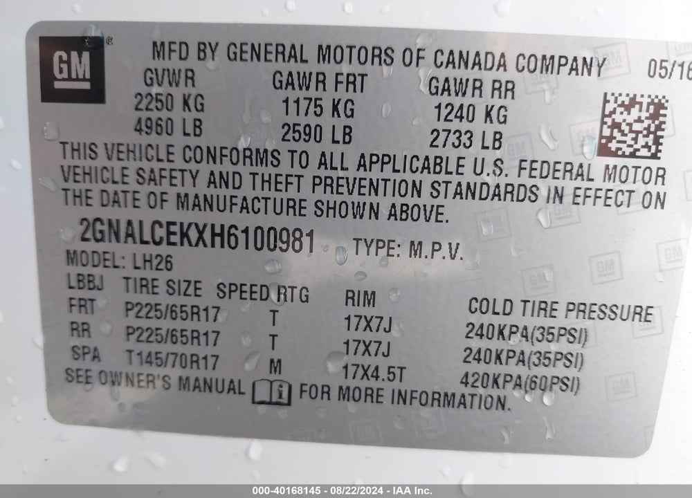 2017 CHEVROLET EQUINOX VIN: 2GNALCEKXH6100981