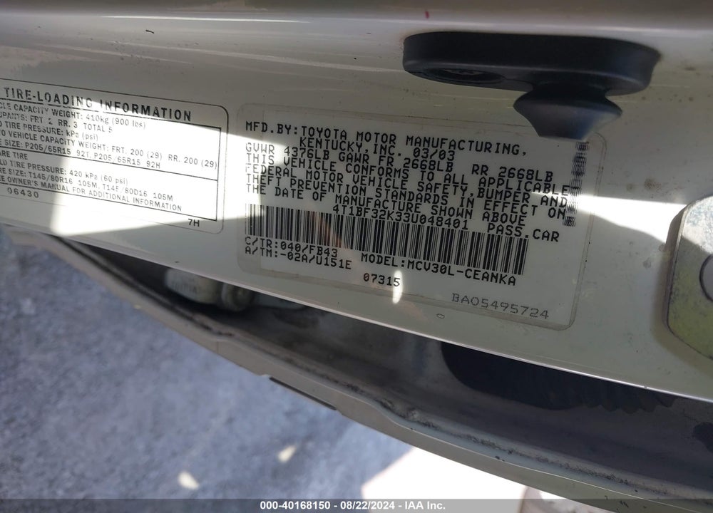 2003 TOYOTA CAMRY LE V6 VIN: 4T1BF32K33U048401