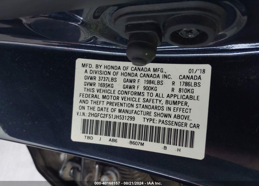 2018 HONDA CIVIC LX VIN: 2HGFC2F51JH531299