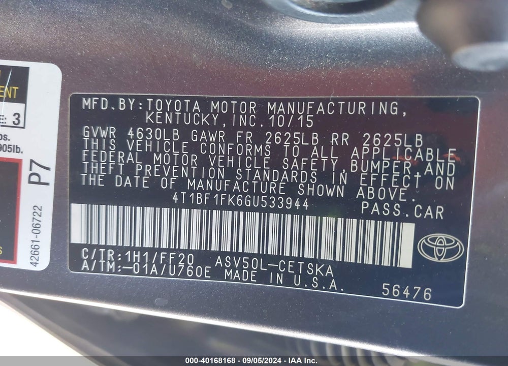 2016 TOYOTA CAMRY SE VIN: 4T1BF1FK6GU533944
