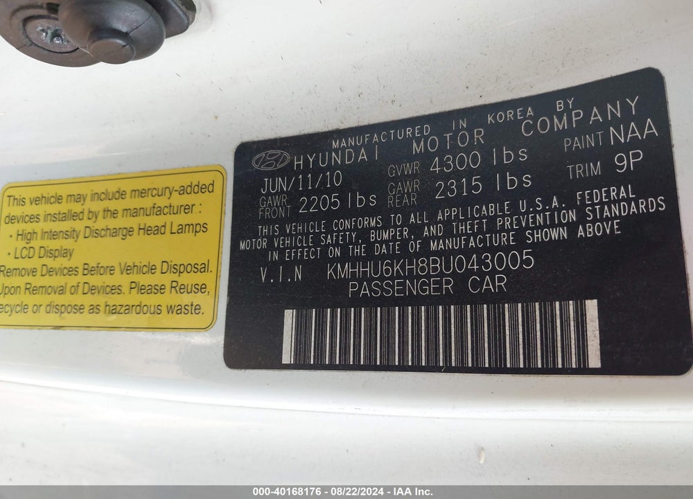 2011 HYUNDAI GENESIS 3.8 TRACK VIN: KMHHU6KH8BU043005