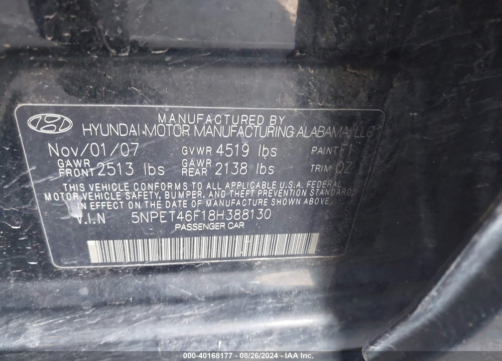 2008 HYUNDAI SONATA GLS V6 VIN: 5NPET46F18H388130