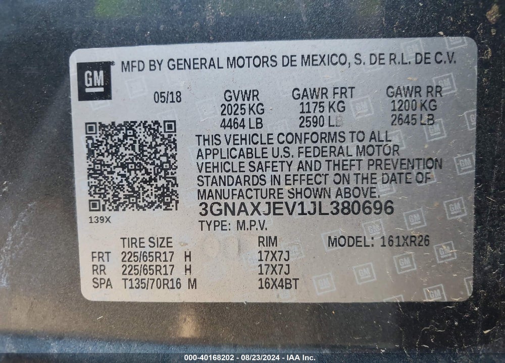 2018 CHEVROLET EQUINOX LT VIN: 3GNAXJEV1JL380696