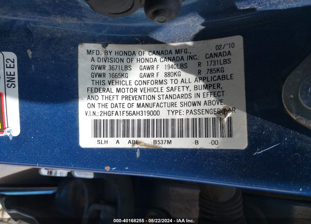 2010 HONDA CIVIC LX VIN: 2HGFA1F56AH319000