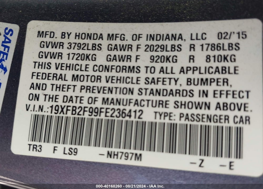 2015 HONDA CIVIC EX-L VIN: 19XFB2F99FE236412