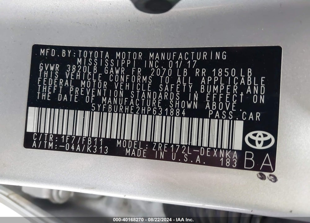 2017 TOYOTA COROLLA LE VIN: 5YFBURHE2HP631884