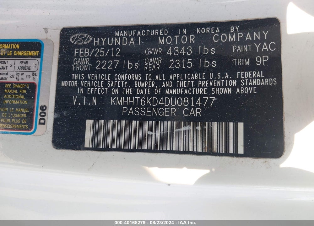 2013 HYUNDAI GENESIS 2.0T PREMIUM VIN: KMHHT6KD4DU081477
