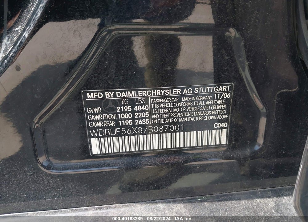2007 MERCEDES-BENZ E 350 VIN: WDBUF56X87B087001