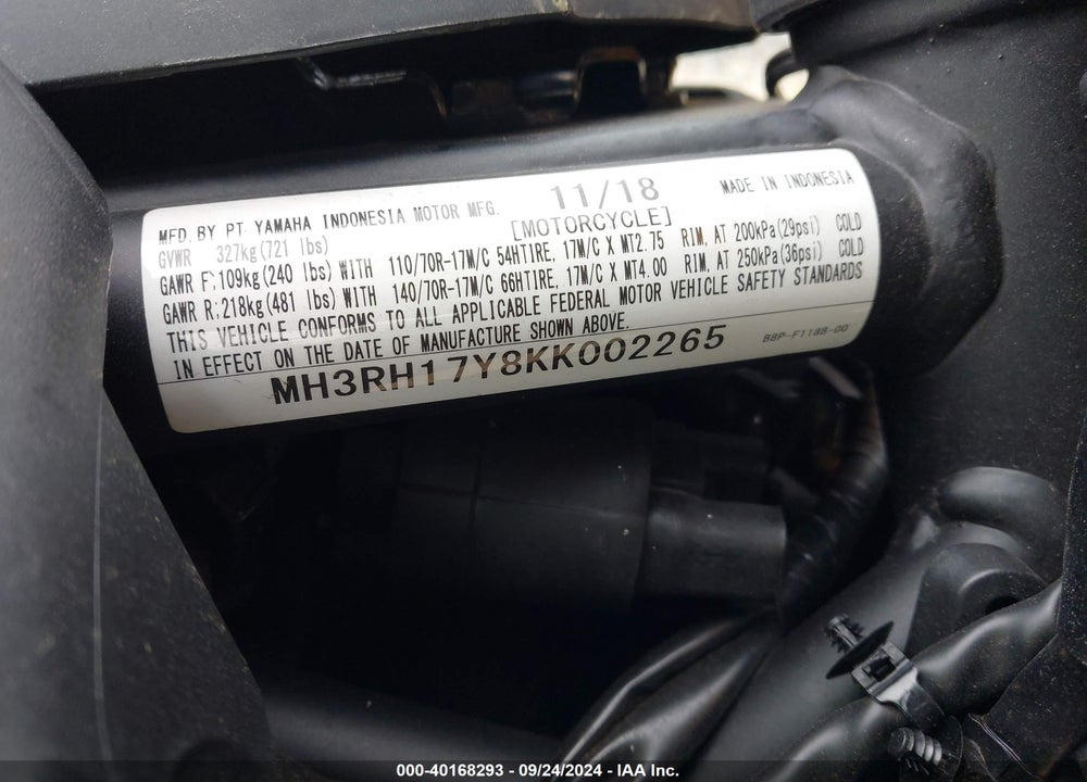 2019 YAMAHA YZFR3 VIN: MH3RH17Y8KK002265