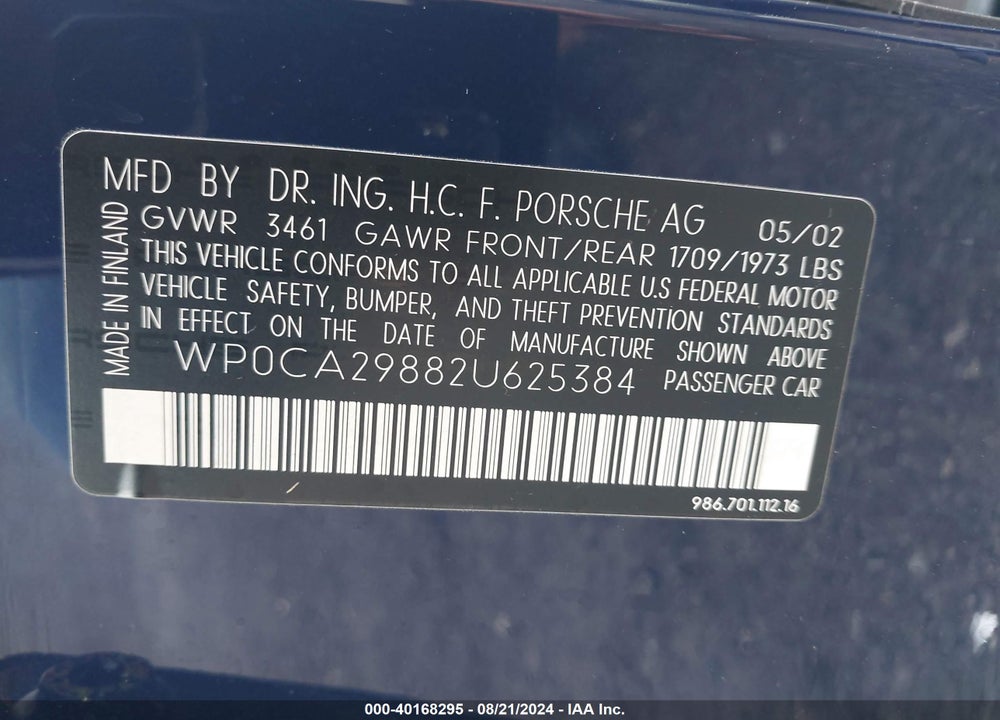 2002 PORSCHE BOXSTER VIN: WP0CA29882U625384