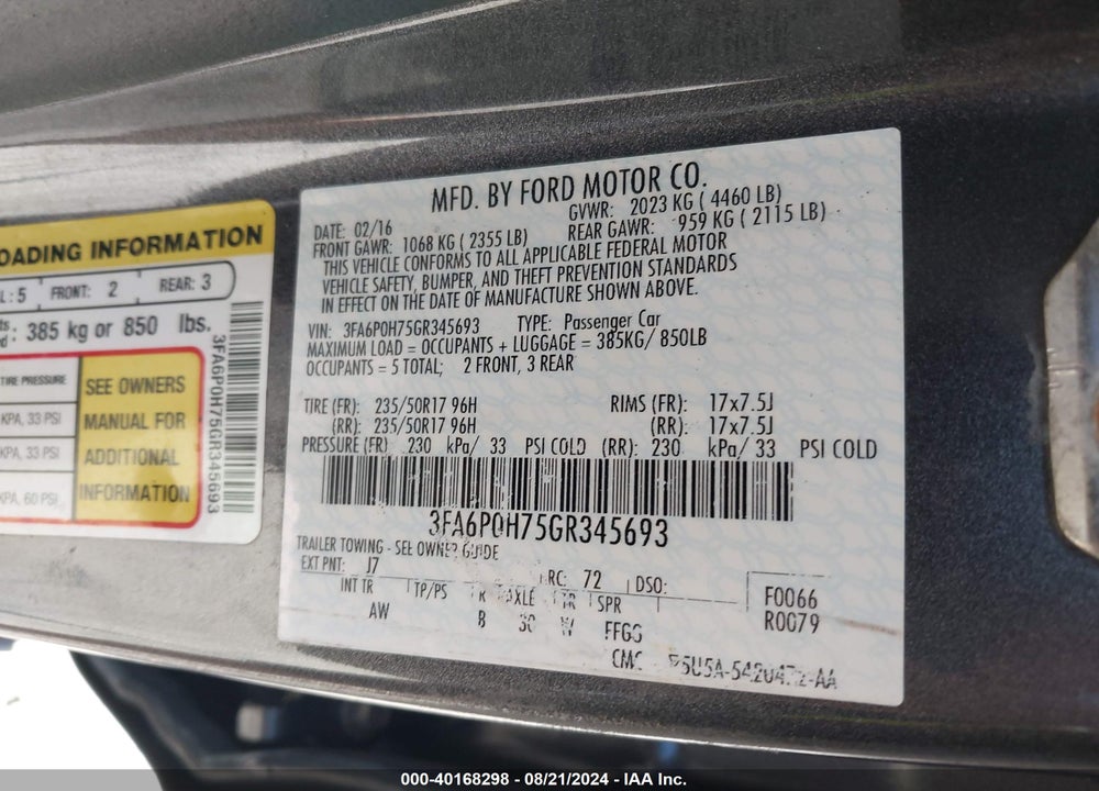 2016 FORD FUSION SE VIN: 3FA6P0H75GR345693