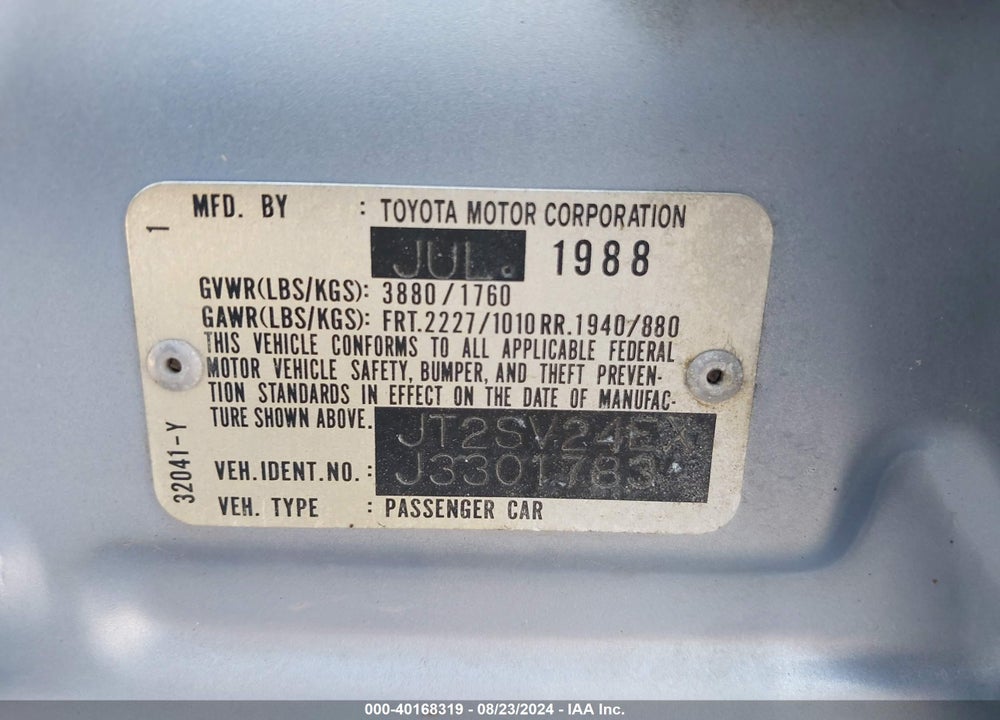 1988 TOYOTA CAMRY VIN: JT2SV24EXJ3301783