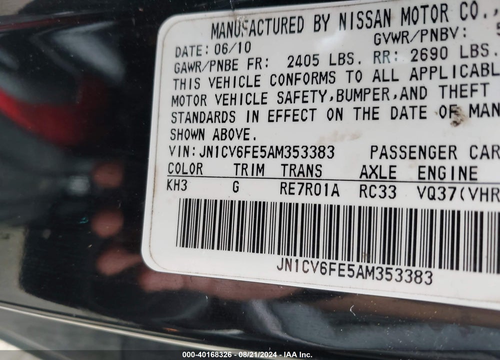 2010 INFINITI G37 VIN: JN1CV6FE5AM353383