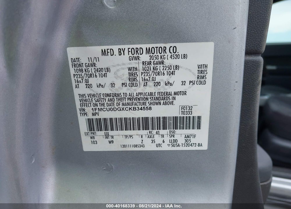 2012 FORD ESCAPE XLT VIN: 1FMCU0DGXCKB34558
