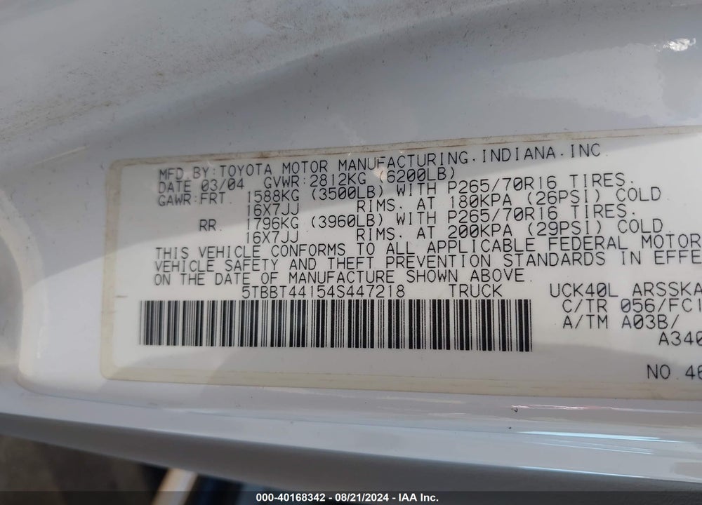 2004 TOYOTA TUNDRA SR5 V8 VIN: 5TBBT44154S447218