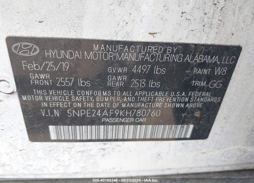 2019 HYUNDAI SONATA SE VIN: 5NPE24AF9KH780760