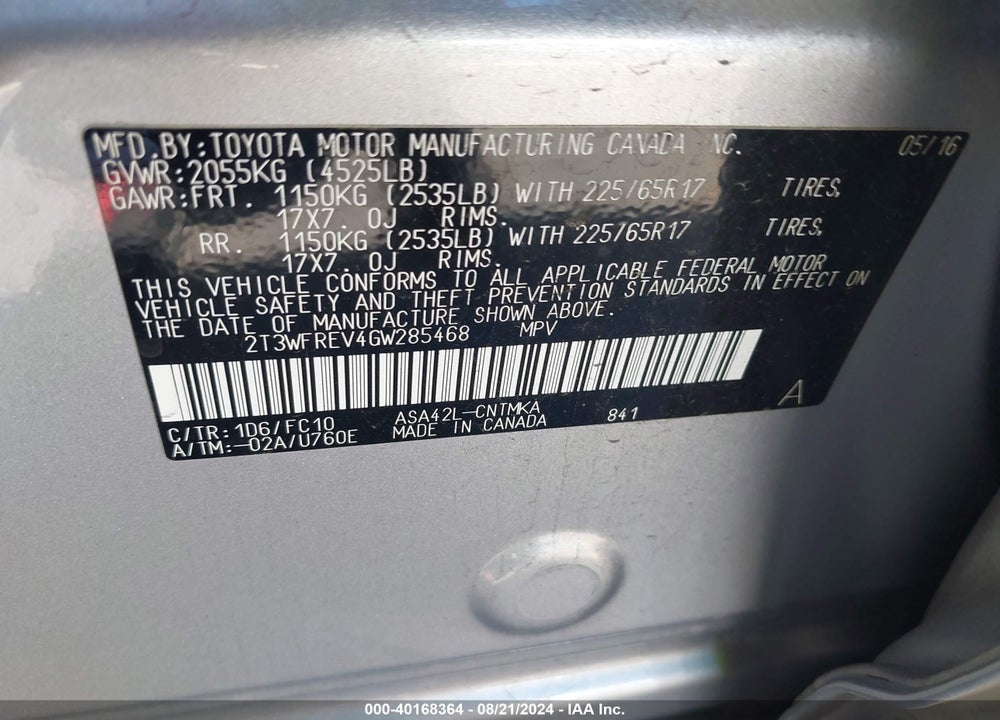 2016 TOYOTA RAV4 XLE VIN: 2T3WFREV4GW285468