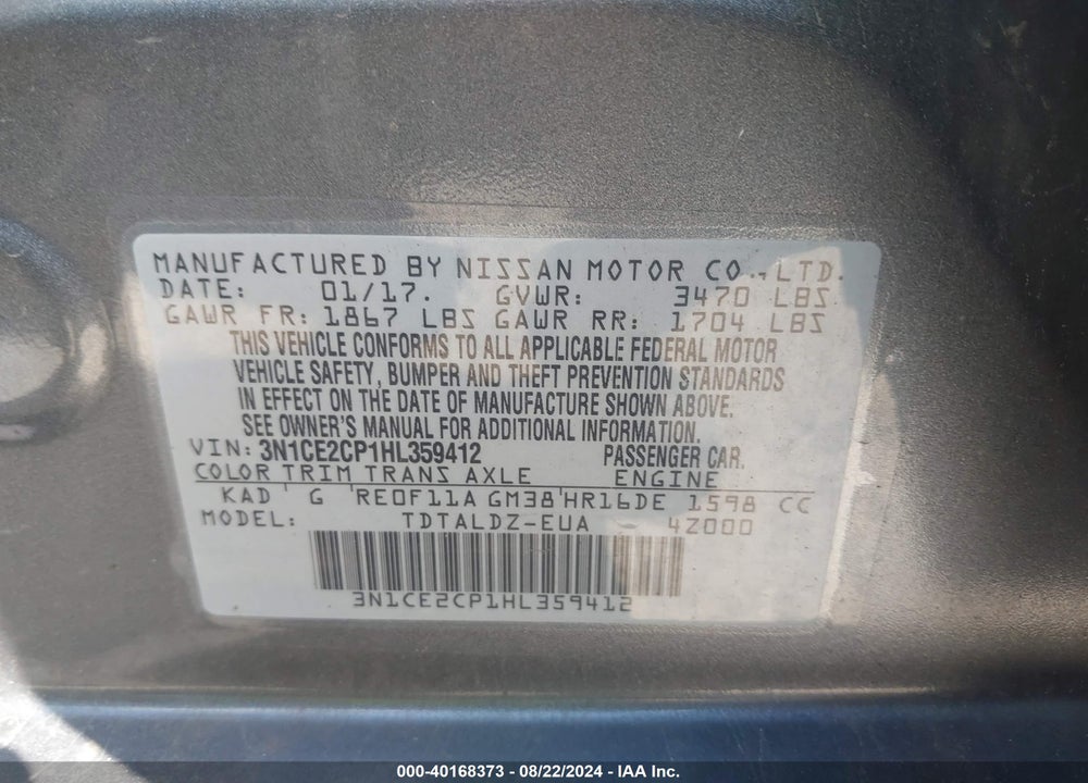 2017 NISSAN VERSA NOTE SV VIN: 3N1CE2CP1HL359412