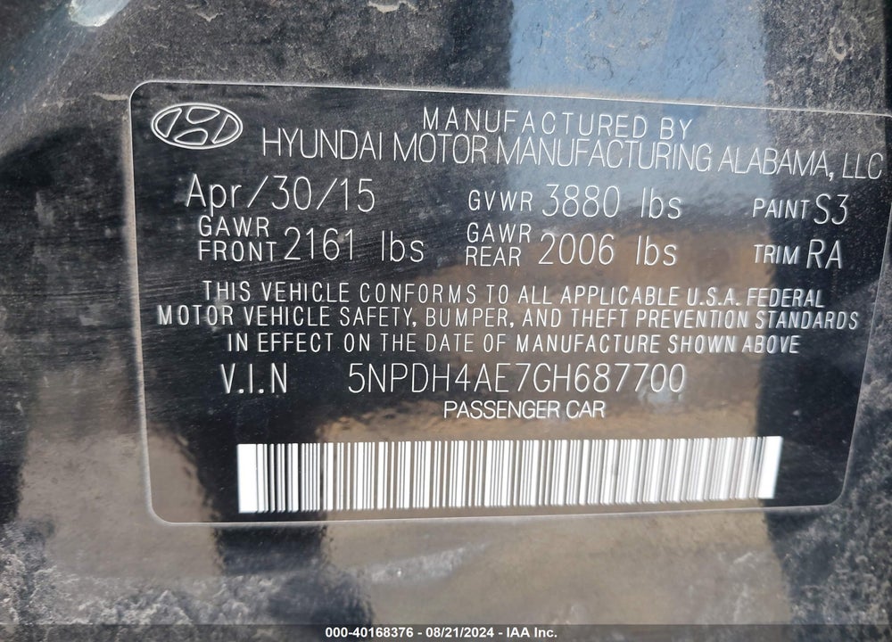 2016 HYUNDAI ELANTRA SE VIN: 5NPDH4AE7GH687700