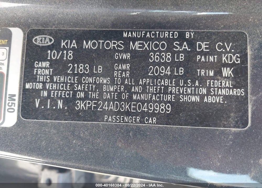 2019 KIA FORTE FE VIN: 3KPF24AD3KE049989