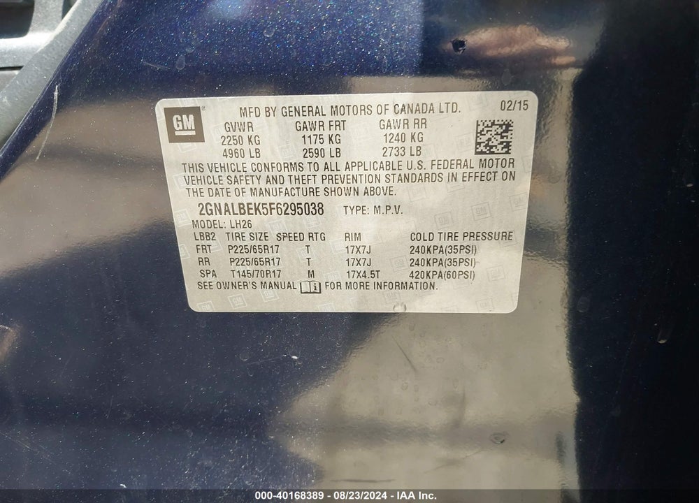 2015 CHEVROLET EQUINOX 1LT VIN: 2GNALBEK5F6295038