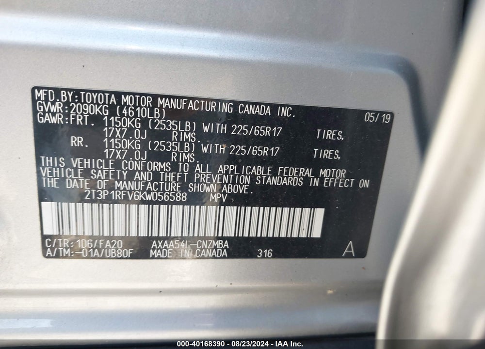 2019 TOYOTA RAV4 XLE VIN: 2T3P1RFV6KW056588