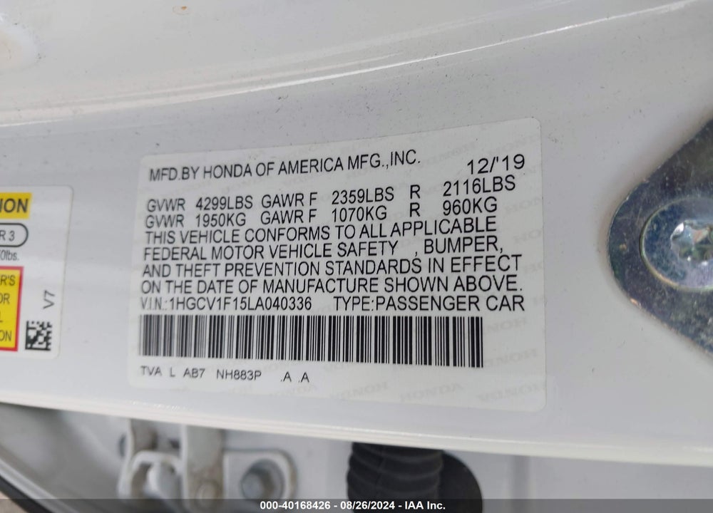 2020 HONDA ACCORD LX VIN: 1HGCV1F15LA040336