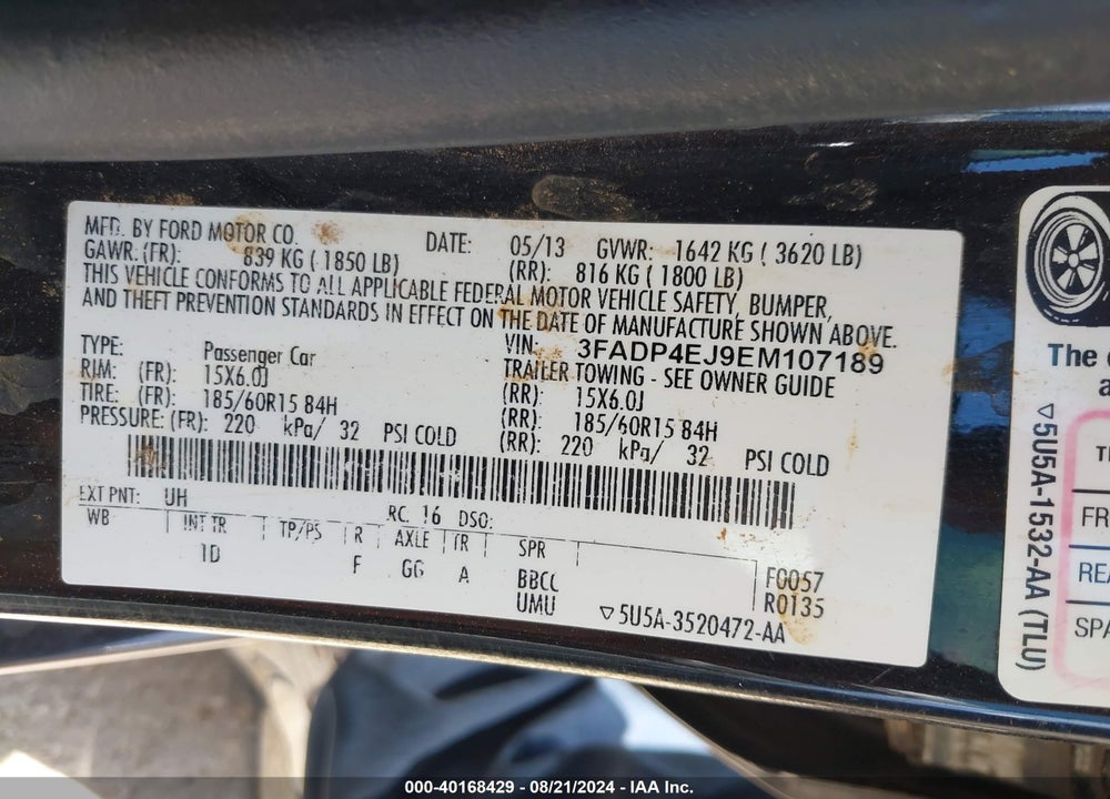 2014 FORD FIESTA SE VIN: 3FADP4EJ9EM107189