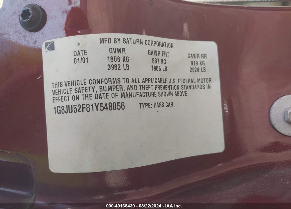 2001 SATURN L200 VIN: 1G8JU52F81Y548056