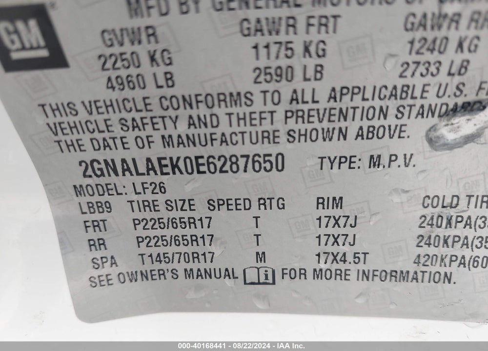 2014 CHEVROLET EQUINOX LS VIN: 2GNALAEK0E6287650