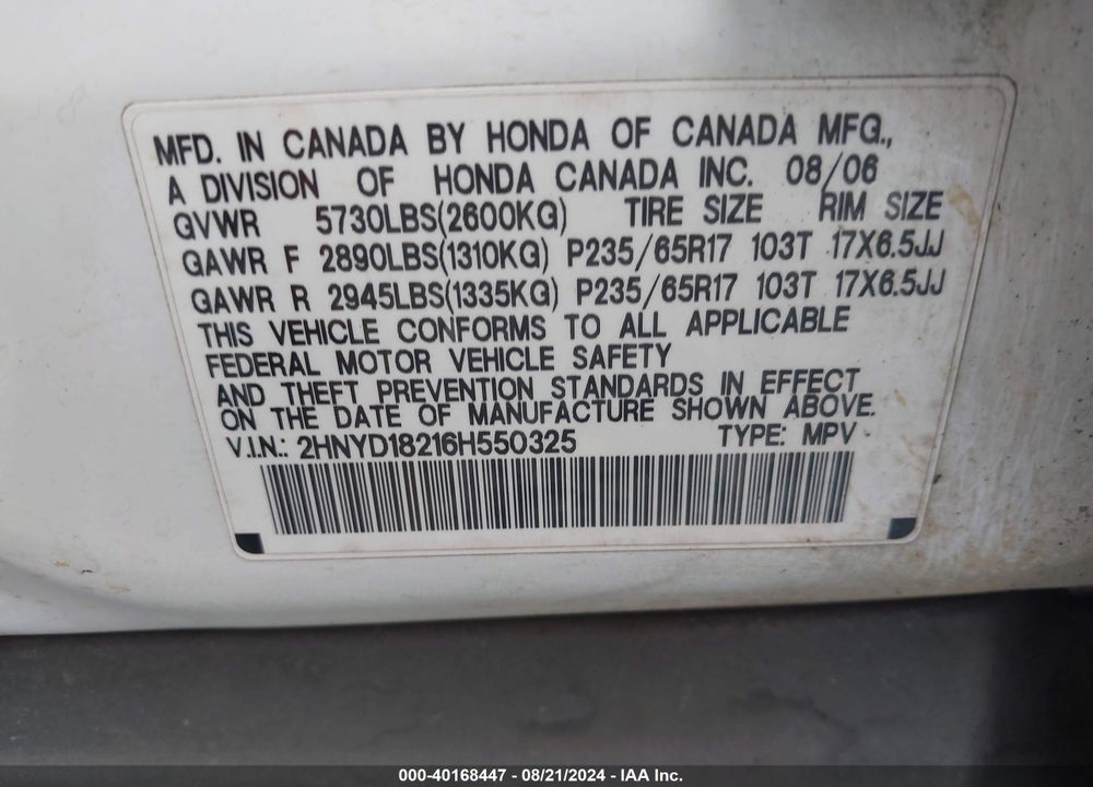 2006 ACURA MDX VIN: 2HNYD18216H550325
