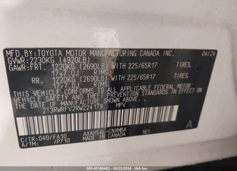 2024 TOYOTA RAV4 HYBRID VIN: 2T3RWRFV2RW224179