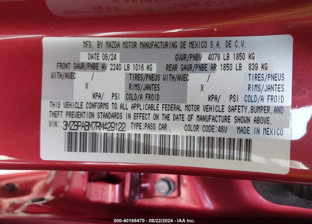 2024 MAZDA 3 2.5 S SELECT SPORT VIN: 3MZBPABM7RM429122