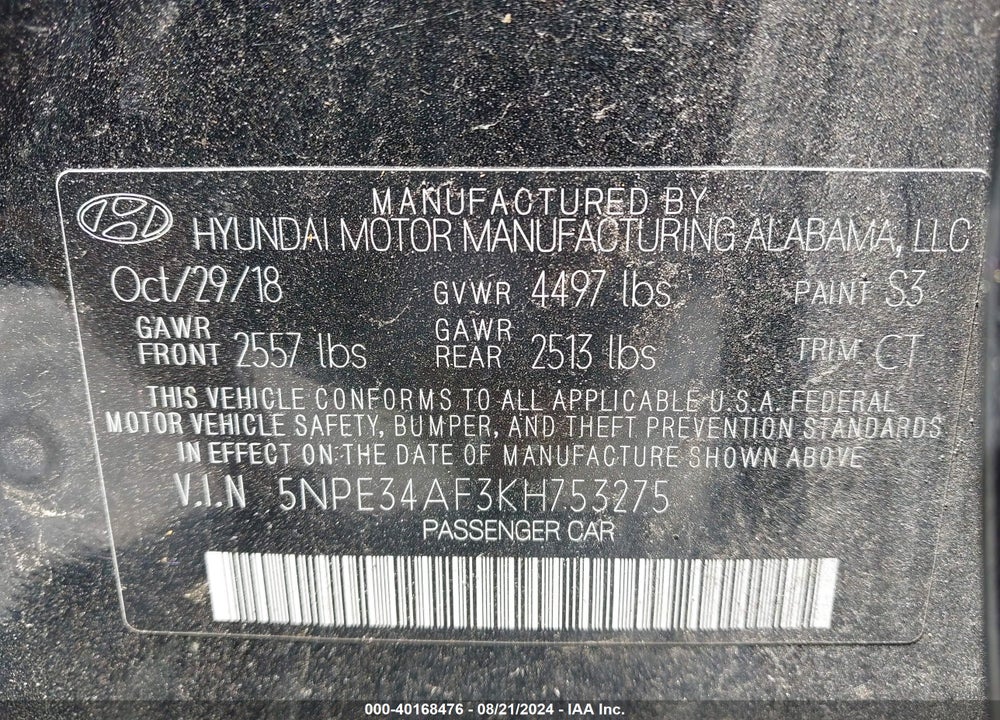 2019 HYUNDAI SONATA SEL VIN: 5NPE34AF3KH753275