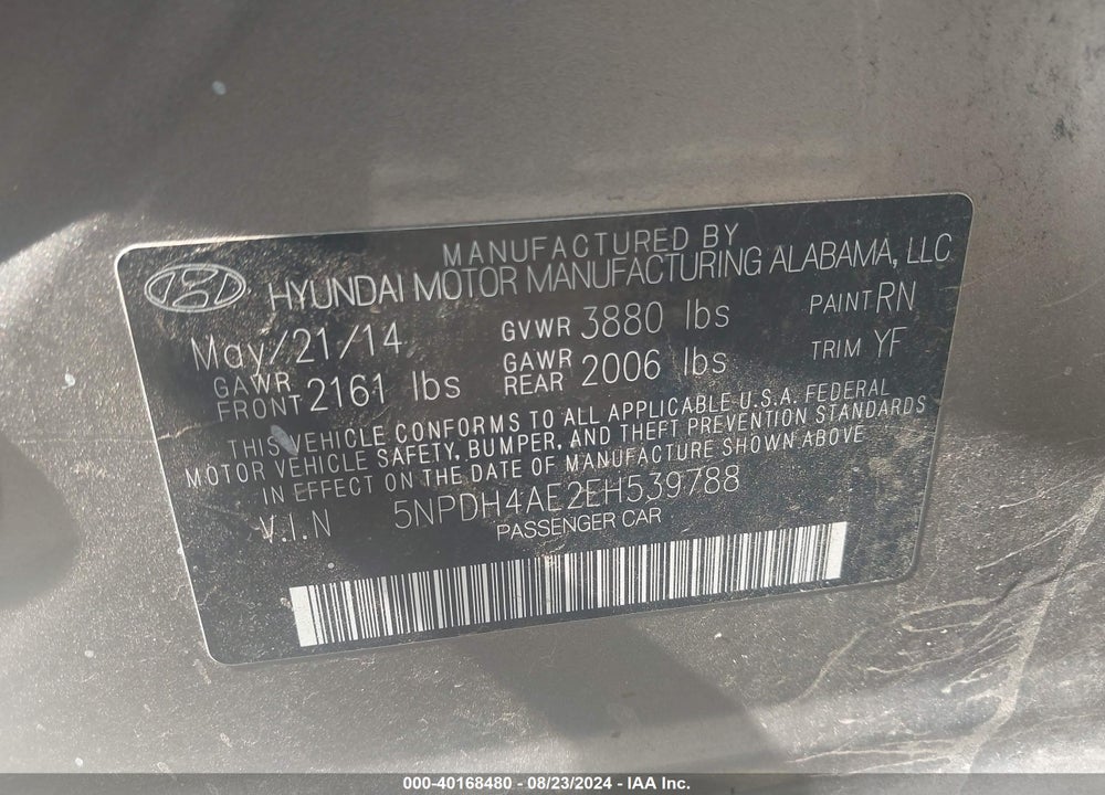 2014 HYUNDAI ELANTRA SE VIN: 5NPDH4AE2EH539788