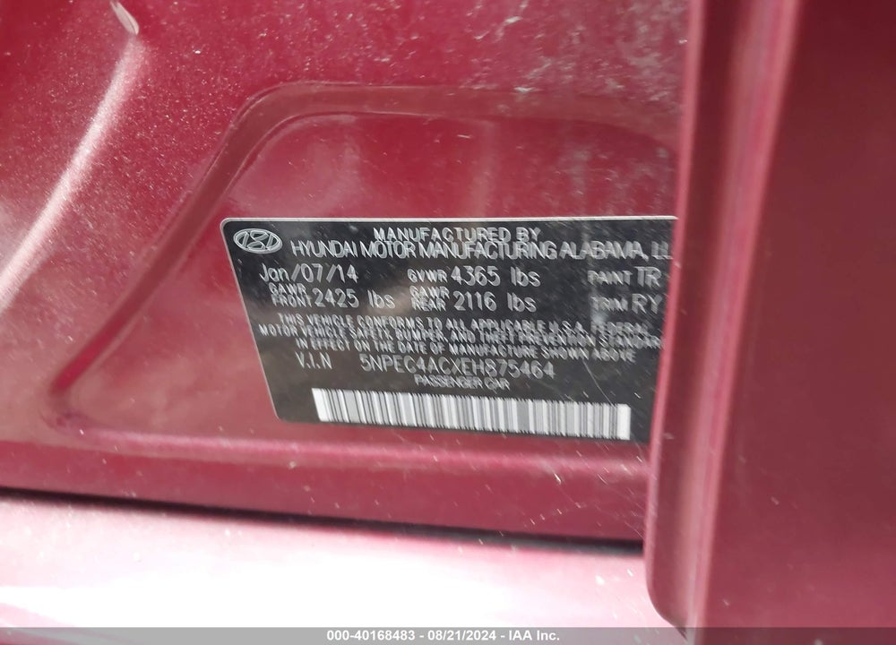 2014 HYUNDAI SONATA SE VIN: 5NPEC4ACXEH875464