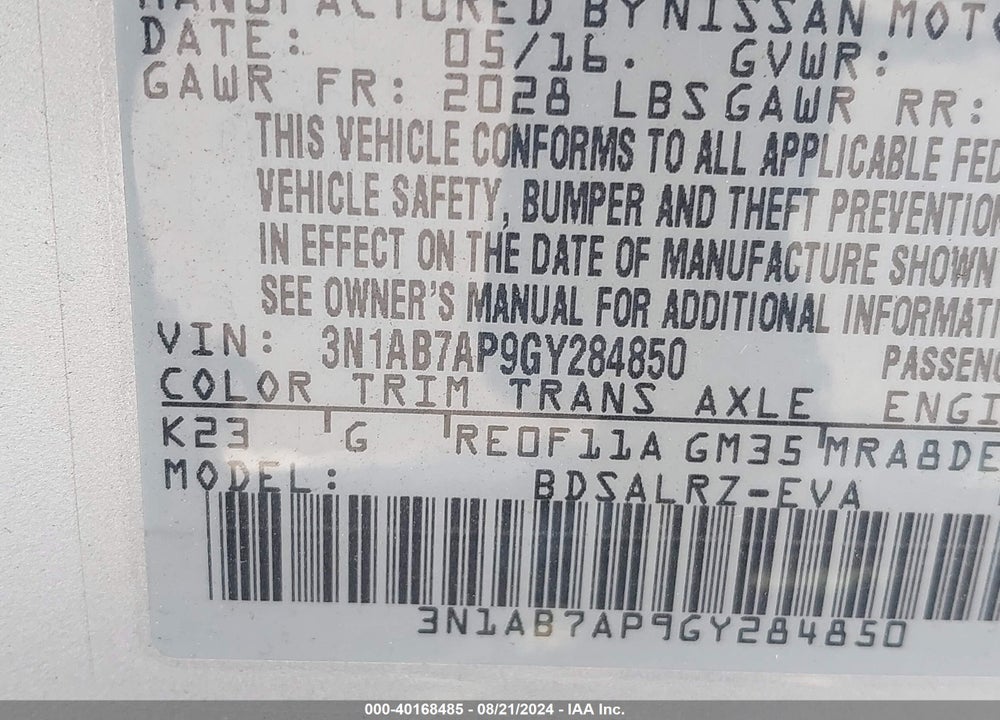 2016 NISSAN SENTRA SR VIN: 3N1AB7AP9GY284850